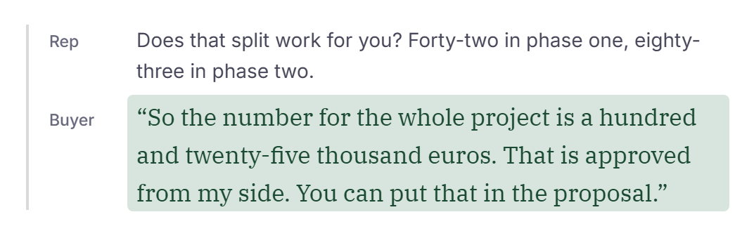 Screenshot of Talqo: the buyer’s line on the write-back card, word for word, on its agreed tint. It reads: Buyer “So the number for the whole project is a hundred and twenty-five thousand euros. That is approved from my side. You can put that in the proposal.”